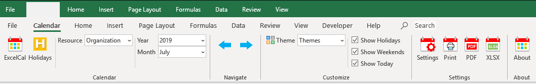 Excel Calendar Ribbon Menu