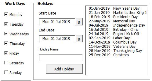 Calendar Holidays Weekends